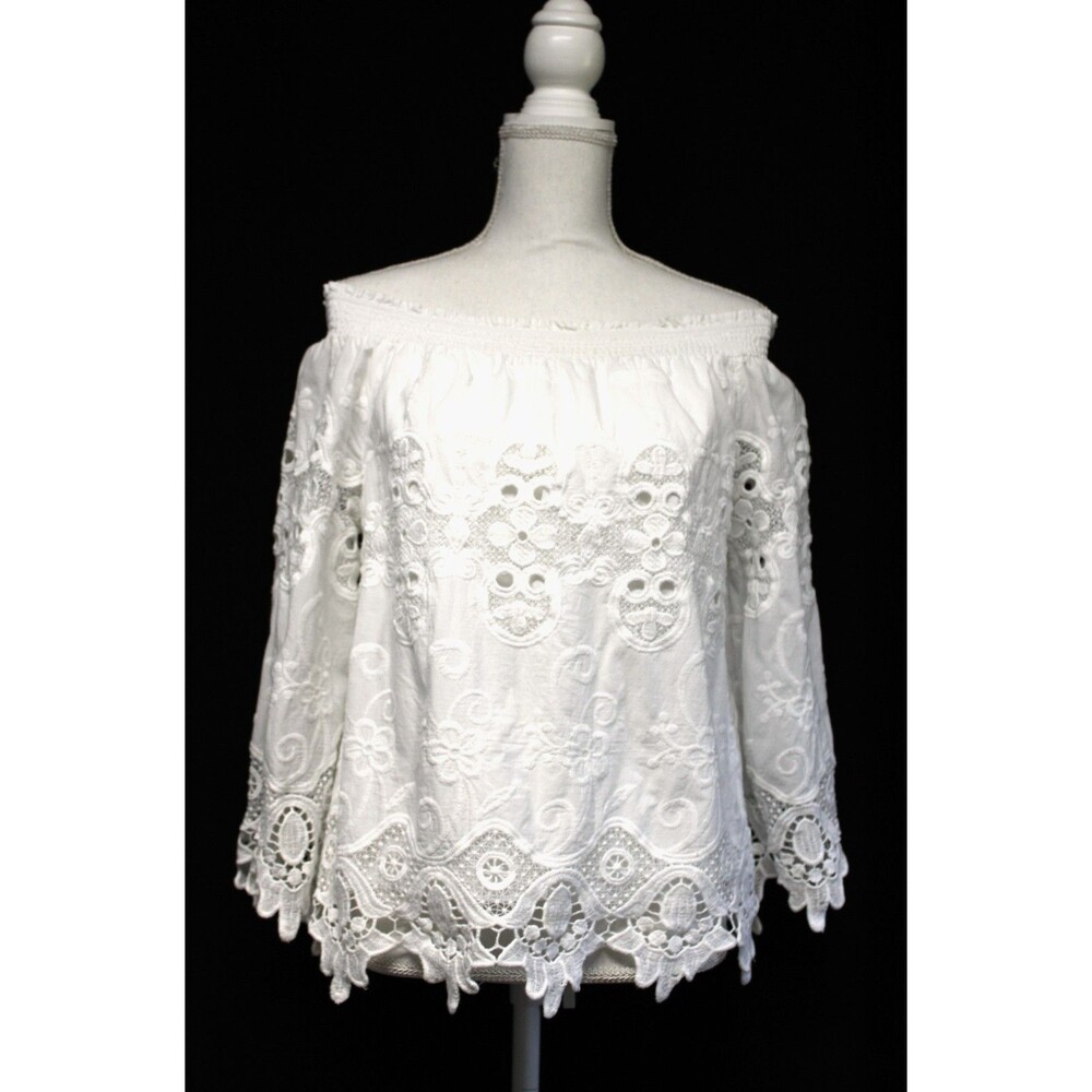 Chicos romantic wh cottagecore/Boho embroidered lace cotton peasant top size M